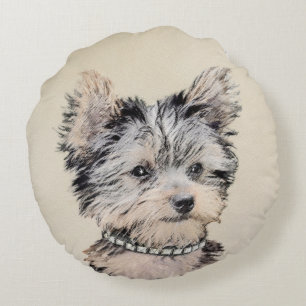 Yorkshire Terrier Puppy Painting Original Dog Art Round Cushion