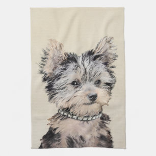 Yorkshire Terrier Puppy Painting Original Dog Art Tea Towel