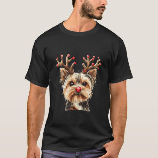 Yorkshire Terrier Reindeer Christmas Lights Dog Lo T-Shirt