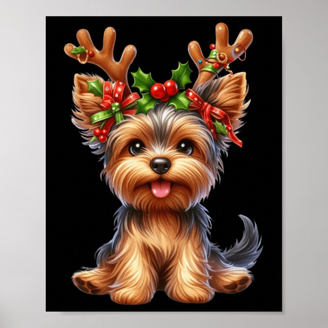 Yorkshire Terrier Reindeer Santa Hat Xmas Lights C Poster (Front)