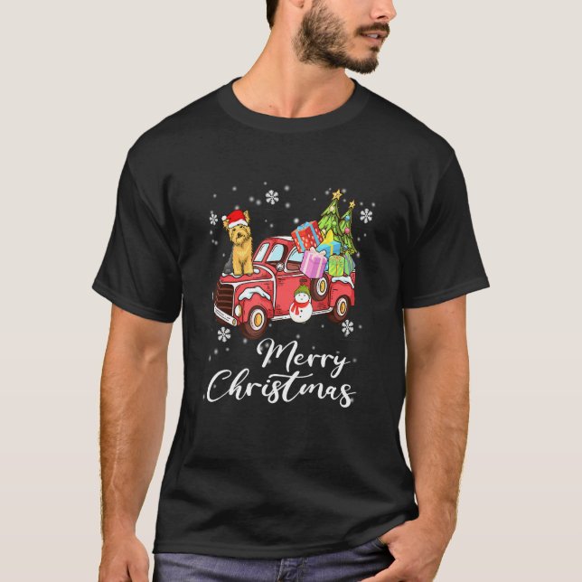 Yorkshire Terrier Riding Red Truck Merry Christmas T-Shirt (Front)