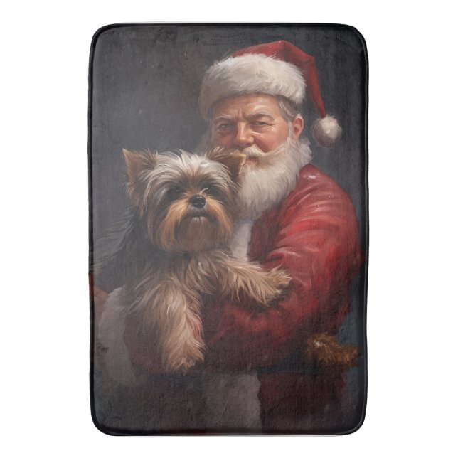 Yorkshire Terrier Santa Claus Festive Christmas Bath Mat (Front Vertical)