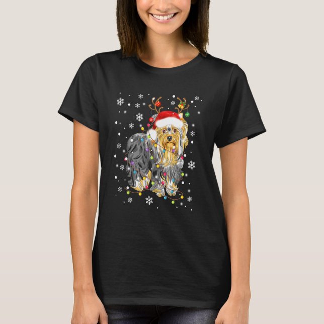 Yorkshire Terrier Santa Hat Christmas Lights Xmas  T-Shirt (Front)