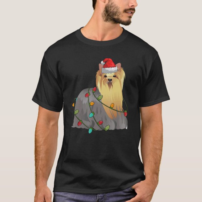 Yorkshire Terrier Santa Hat Lights  Christmas Paja T-Shirt (Front)