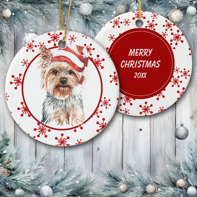 Yorkshire Terrier Santa Hat Red Snowflake Ceramic Tree Decoration (Creator Uploaded)