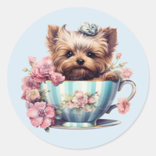 Yorkshire Terrier Sitting in Tea Cup With Flowers Classic Round Sticker