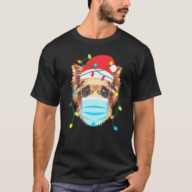 Yorkshire Terrier Wearing Christmas Mask Holiday T-Shirt (Front)