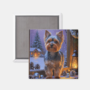 Yorkshire Terrier With Christmas Lights Holiday Magnet