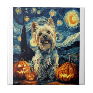 Yorkshire terrier Yorkie Dog of van gogh starry ni Tile