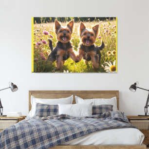 Yorkshire Terriers Playing in the Grass Canvas Print