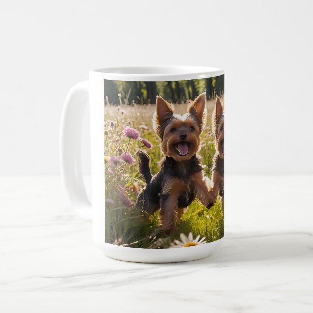 Yorkshire Terriers Playing in the Grass Coffee Mug (Front Left)