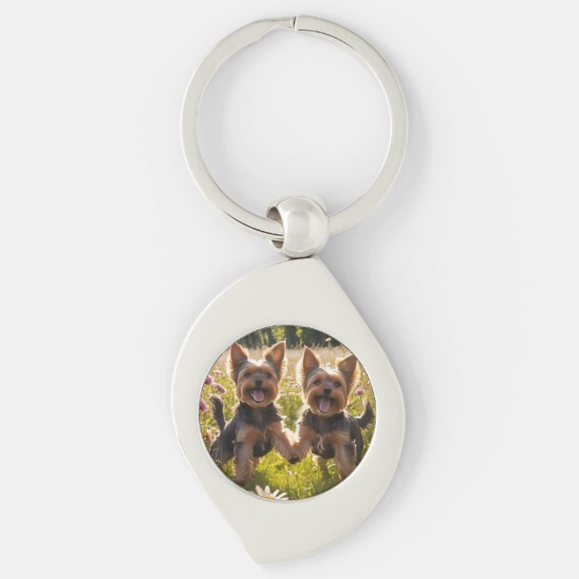Yorkshire Terriers Playing in the Grass Key Ring (Front)