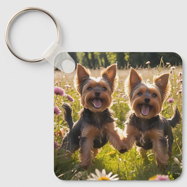 Yorkshire Terriers Playing in the Grass Key Ring (Front)