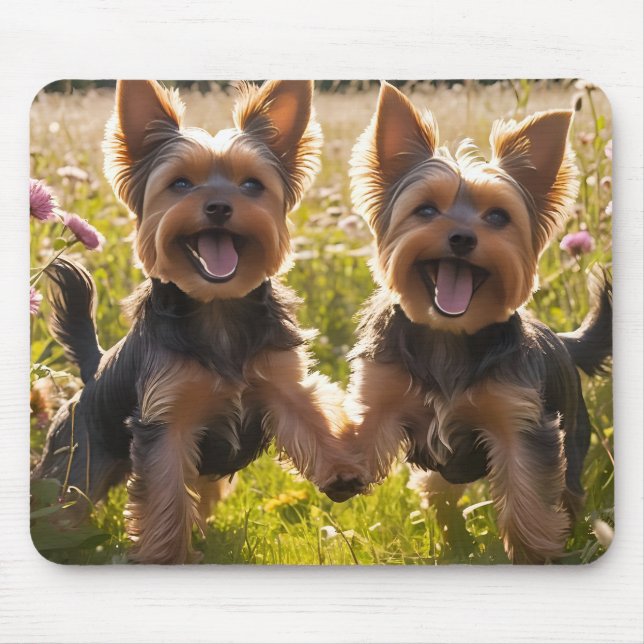 Yorkshire Terriers Playing in the Grass Mouse Pad (Front)