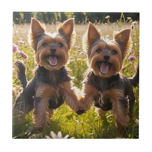 Yorkshire Terriers Playing in the Grass Tile (Front)