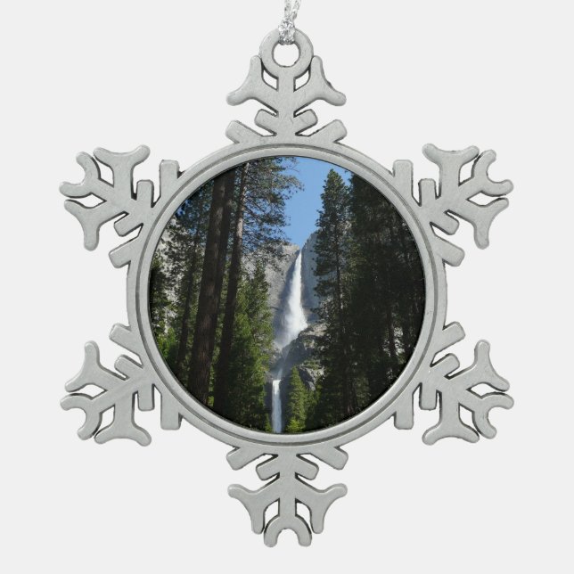Yosemite Falls and Woods Landscape Photography Snowflake Pewter Christmas Ornament (Front)