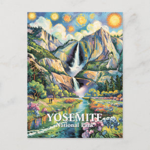 Yosemite Falls Colorful Spring Starry Night Art Postcard