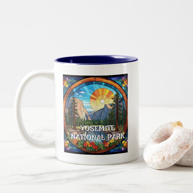 Yosemite National Park Faux Stained Glass Mosaic Two-Tone Coffee Mug (With Donut)