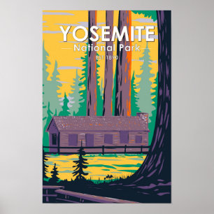 Yosemite National Park Mariposa Grove Cabin Retro Poster
