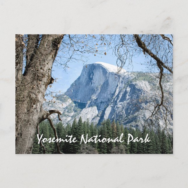 Yosemite National Park text,  photo of Half Dome Postcard (Front)