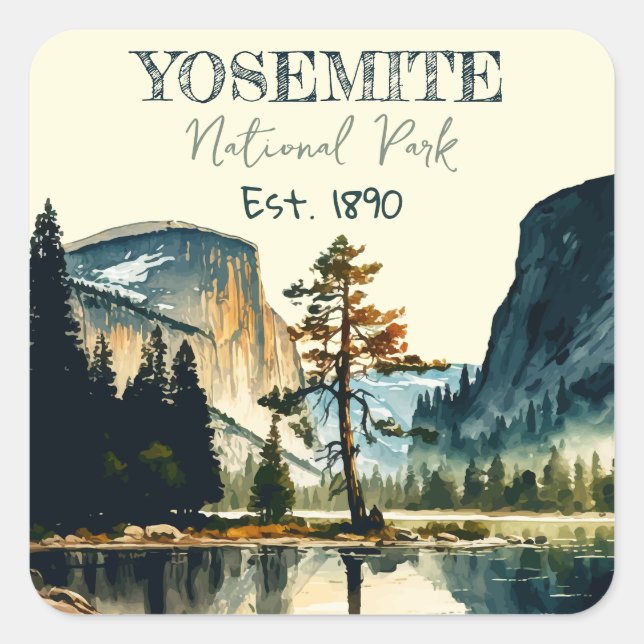 Yosemite National Park watercolor Half Dome Sunset Square Sticker (Front)