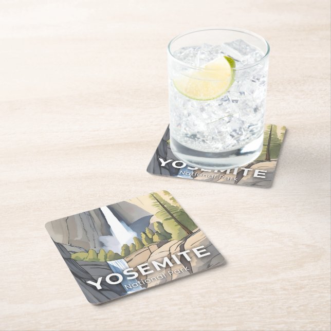 Yosemite National Park | Watercolor Travel Square Paper Coaster (Insitu)