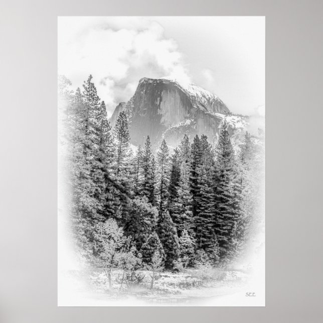 Yosemite's Half Dome in Winter, Black and White Poster (Front)