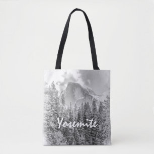 Yosemite's Half Dome in Winter with Yosemite Text Tote Bag