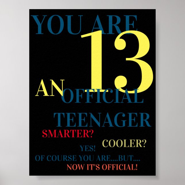 You Are 13 Official Teenager for Boys Birthday Poster (Front)