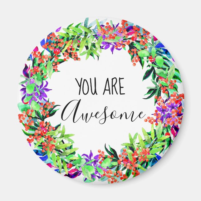 You Are Awesome Floral Watercolor Blue Greenery Magnet (Front)
