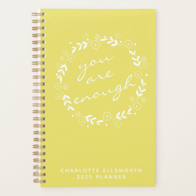 You Are Enough Quote Yellow Floral Personalised Planner (Front)