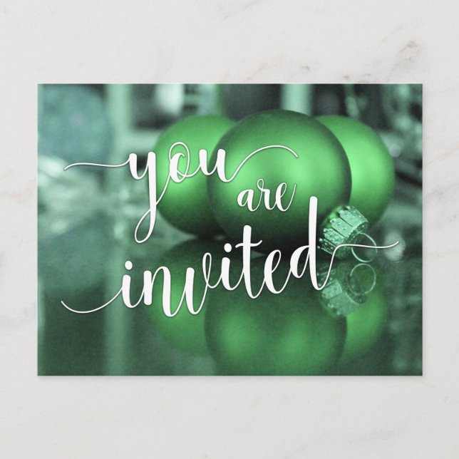 You Are Invited Christmas Party, Green Glass Balls Invitation Postcard (Front)