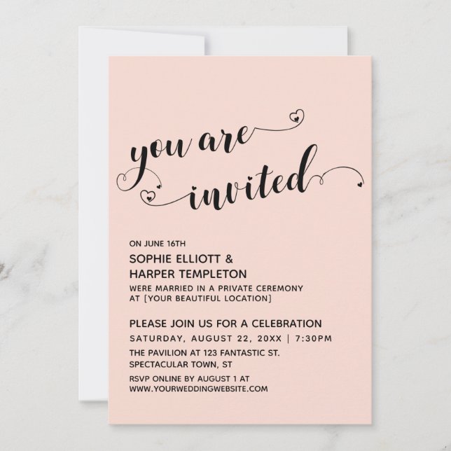 You Are Invited Hearts Script Blush Reception-Only Invitation (Front)