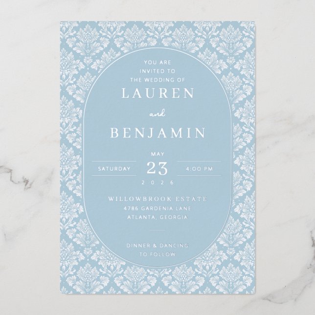 You Are Invited to Elegant Blue Damask (Front)