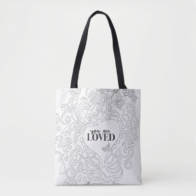 You are loved, black outlined pattern tote bag (Front)