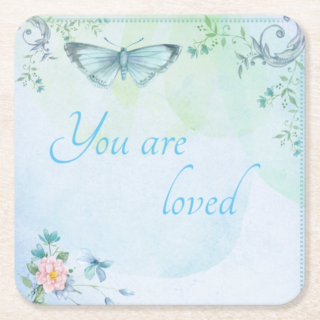 "You are loved" Blue Butterfly Square Paper Coaster (Front)