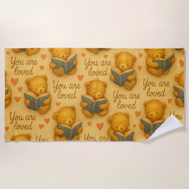 You Are Loved – Cosy Bear Reading Beach Towel (Front)