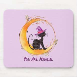 You Are Magical – Witch Black Cat on Crescent Moon Mouse Pad