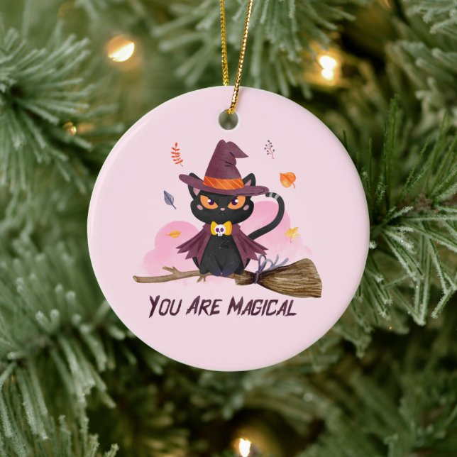 You Are Magical – Witch Cat Riding a Broom Ceramic Tree Decoration (Tree)