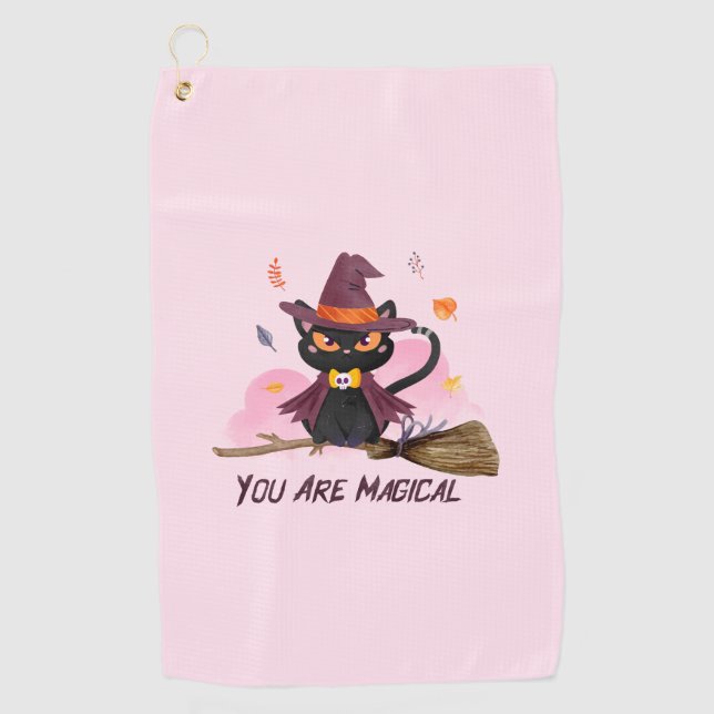 You Are Magical – Witch Cat Riding a Broom Golf Towel (Front)