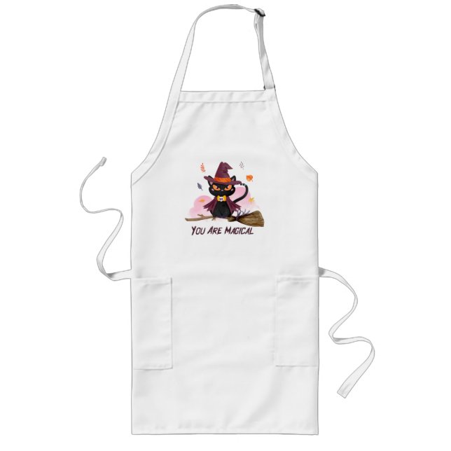 You Are Magical – Witch Cat Riding a Broom Long Apron (Front)