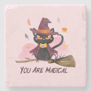 You Are Magical – Witch Cat Riding a Broom Stone Coaster