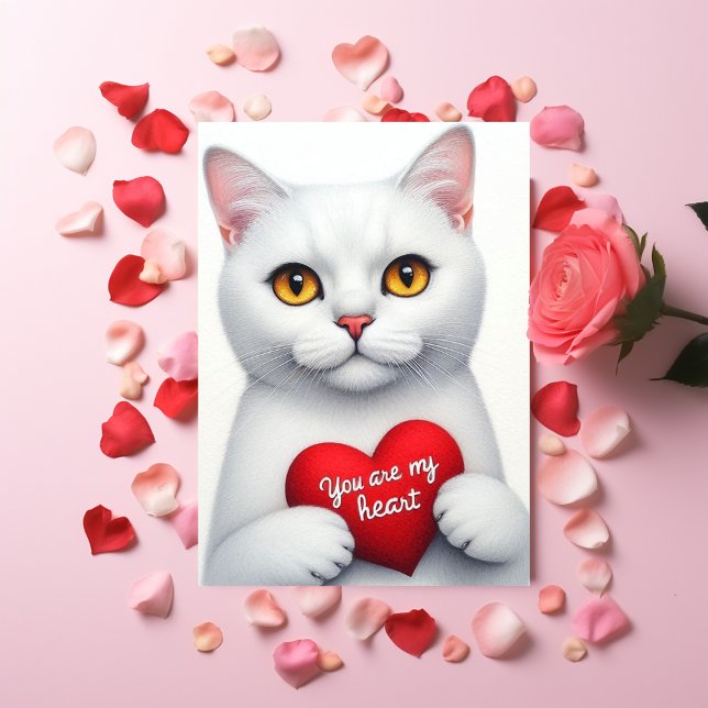 You Are My Heart Valentine Poem White Cat  Holiday Card (Creator Uploaded)