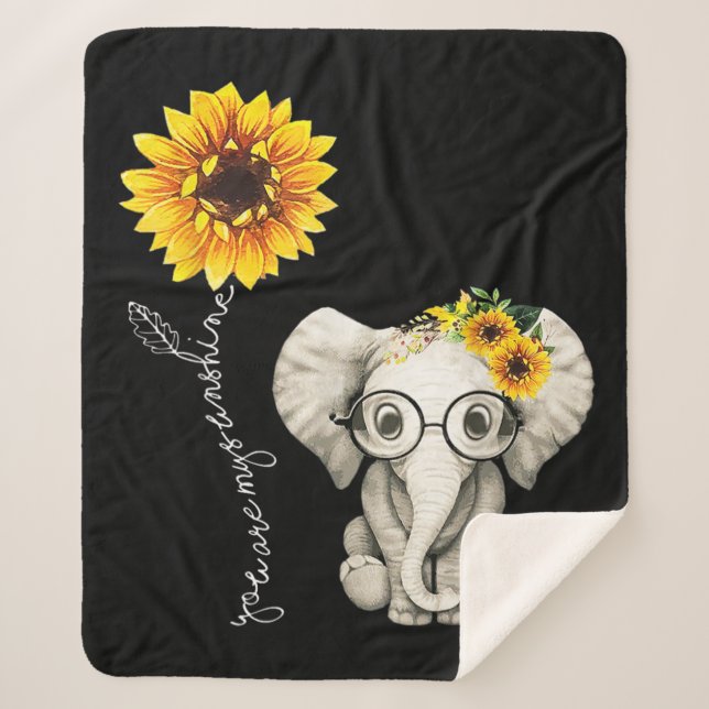 You Are My Sunshine Hippie Sunflower Elephant Sherpa Blanket (Front)
