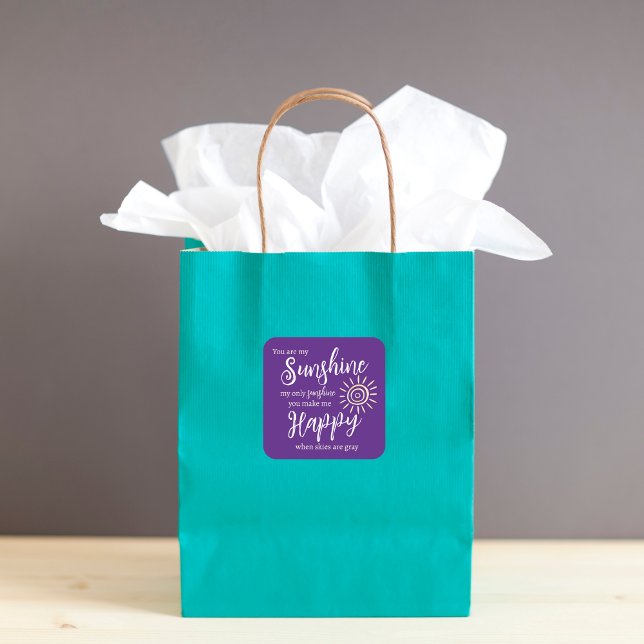 You Are My Sunshine Make Me Happy Sun Purple Square Sticker (You Are My Sunshine You Make Me Happy purple sticker with yellow sun for packages, bags, lunches!)
