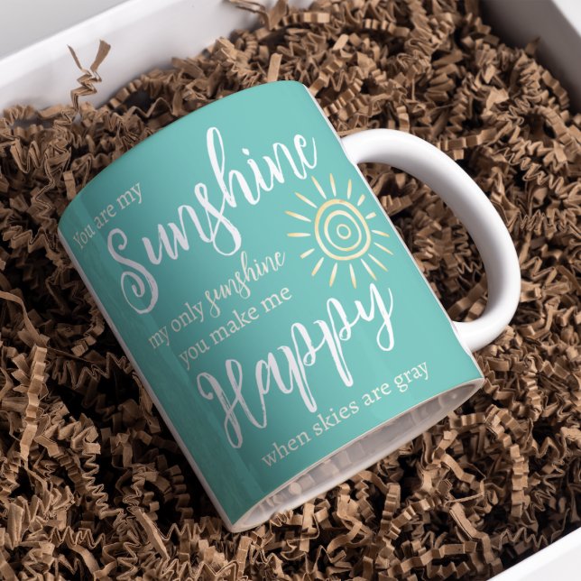 You Are My Sunshine Make Me Happy Teal Blue Sun Coffee Mug (Sunshine you make me Happy teal blue mug with yellow sun and typography will cheer up anyone's day! )