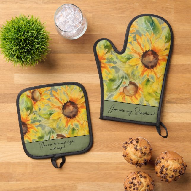You Are my Sunshine Sunflowers Oven Mitt & Pot Holder Set (Top Down)