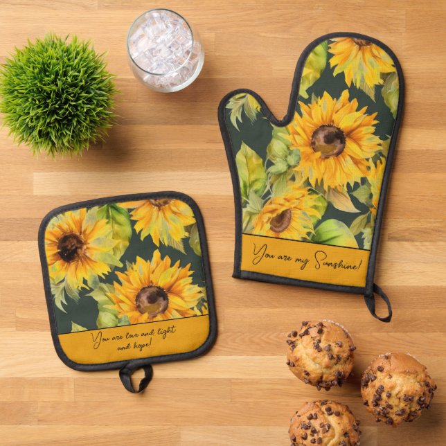 You Are my Sunshine Sunflowers Oven Mitt & Pot Holder Set (Top Down)