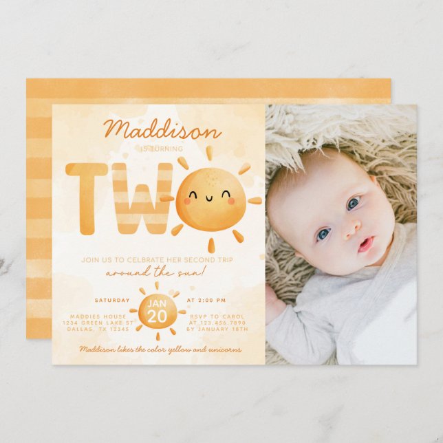You Are My Sunshine turning TWO 2nd Birthday Party Invitation (Front/Back)