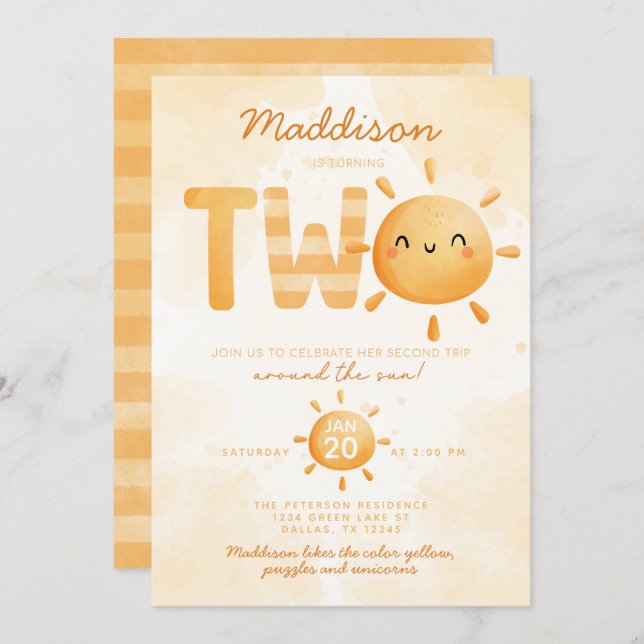 You Are My Sunshine turning TWO 2nd Birthday Party Invitation (Front/Back)